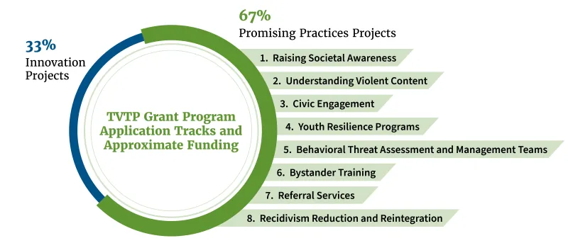 Approximately 33% of TVTP Grant Program funding goes to Innovation projects and about 67% goes to Promising Practice projects