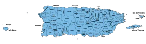 Map of Puerto Rico with a blue backgbround highlighting the 78 municipalities of the island.