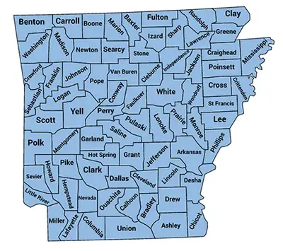 Map of Arkansas with boundaries for and names of each county displayed