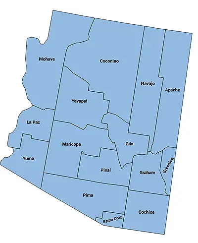 Map of Arizona with boundaries for and names of each county displayed