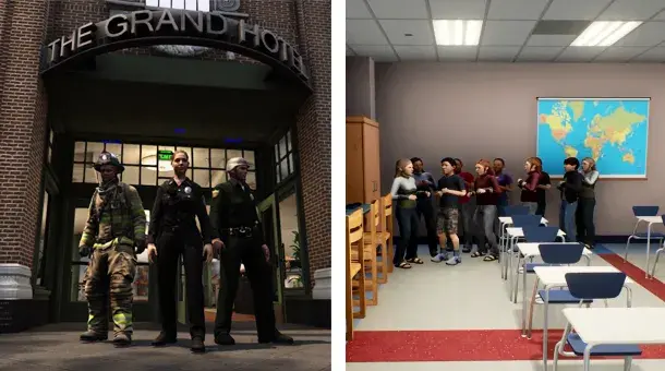 (Left) EDGE firefighter, EMS, and law enforcement avatars pose in front of virtual hotel (Right) School children avatars huddle in the corner of an EDGE virtual school.