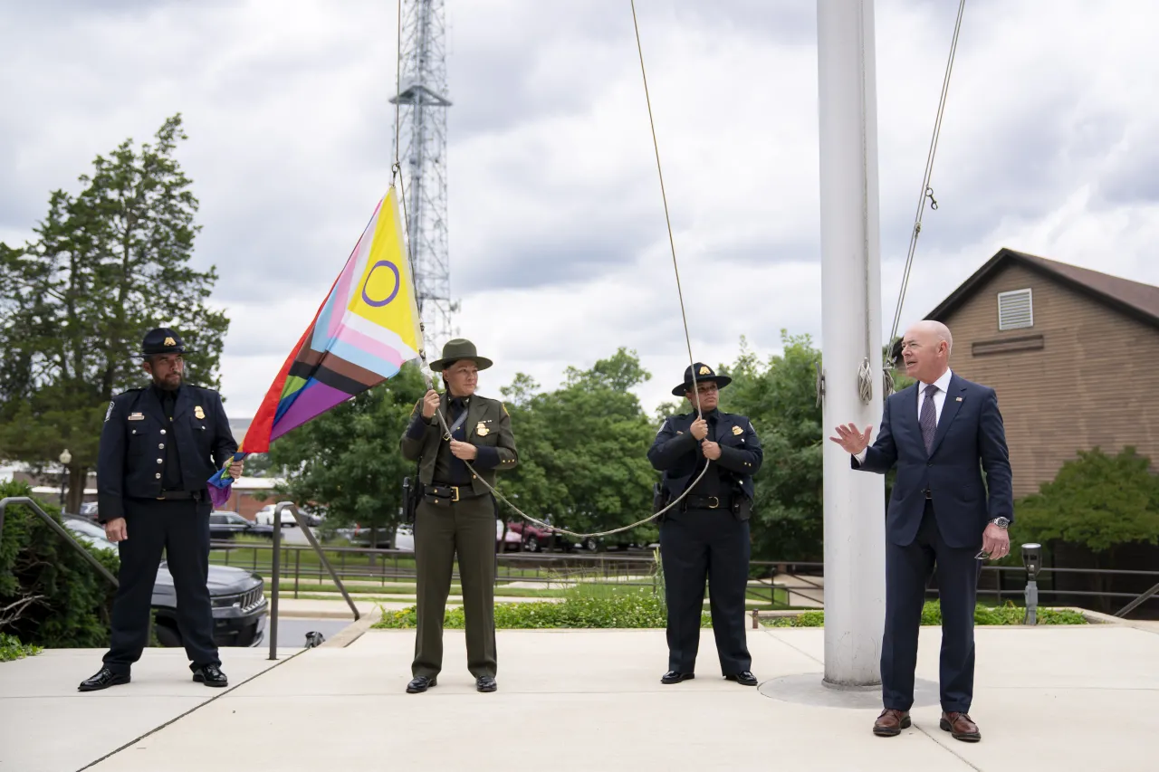Image: DHS Secretary Alejandro Mayorkas Participates in the I&amp;A PRISM Pride Month Flag Raising Ceremony  (027)