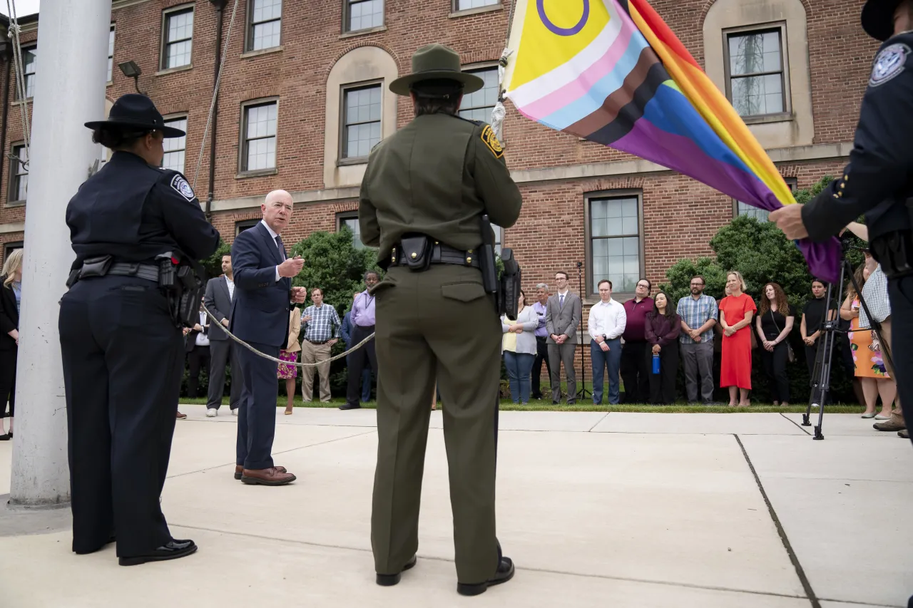 Image: DHS Secretary Alejandro Mayorkas Participates in the I&amp;A PRISM Pride Month Flag Raising Ceremony  (031)