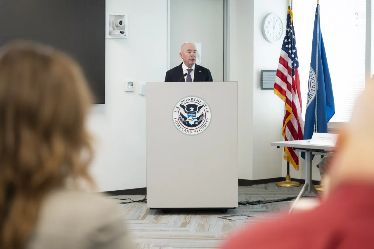 Image: DHS Secretary Alejandro Mayorkas Gives Opening Remarks During CISA National Election Exercise (003)