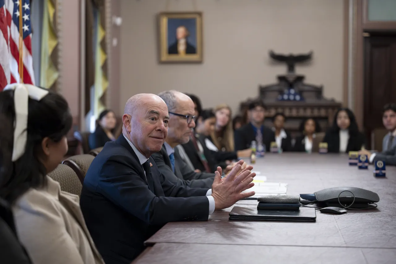 Image: DHS Secretary Alejandro Mayorkas Speaks with NSC Graduate Students  (001)