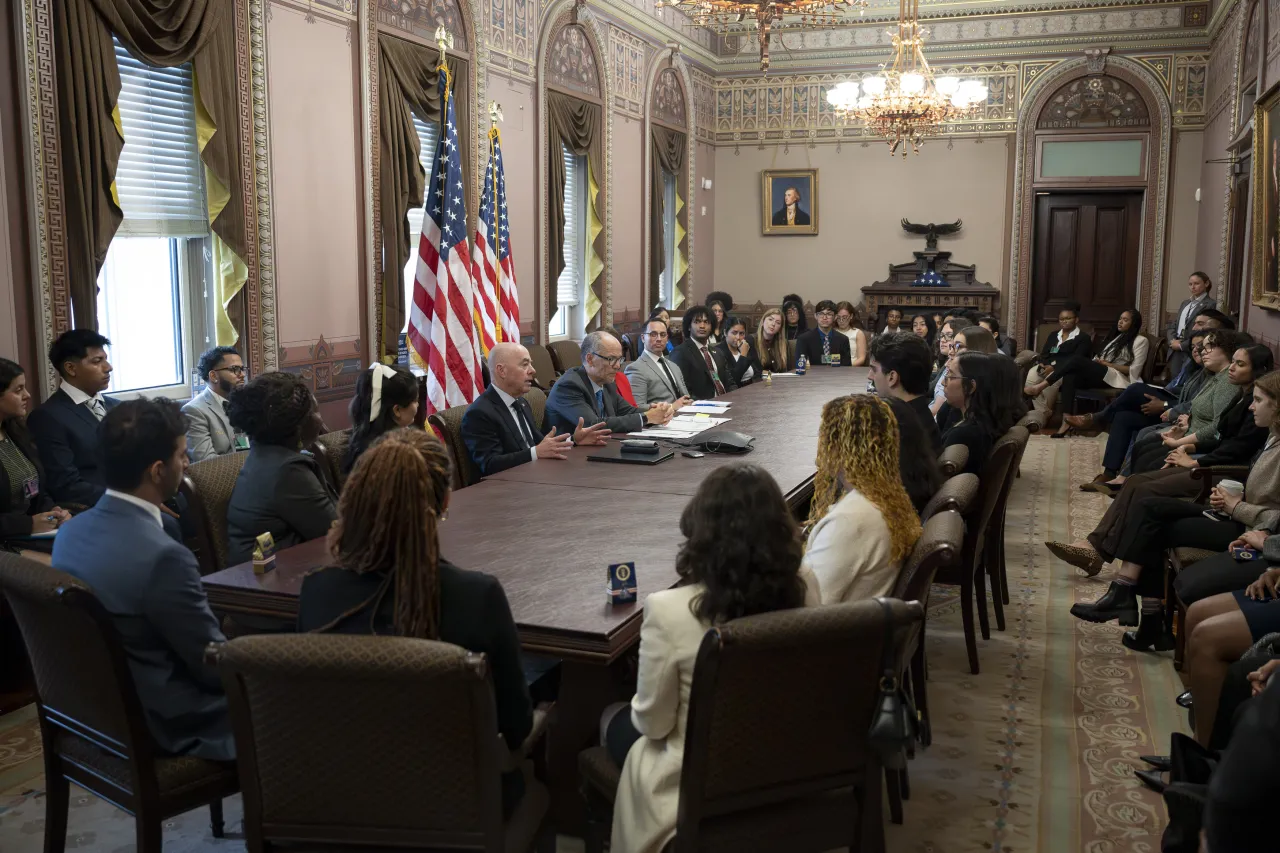 Image: DHS Secretary Alejandro Mayorkas Speaks with NSC Graduate Students  (006)