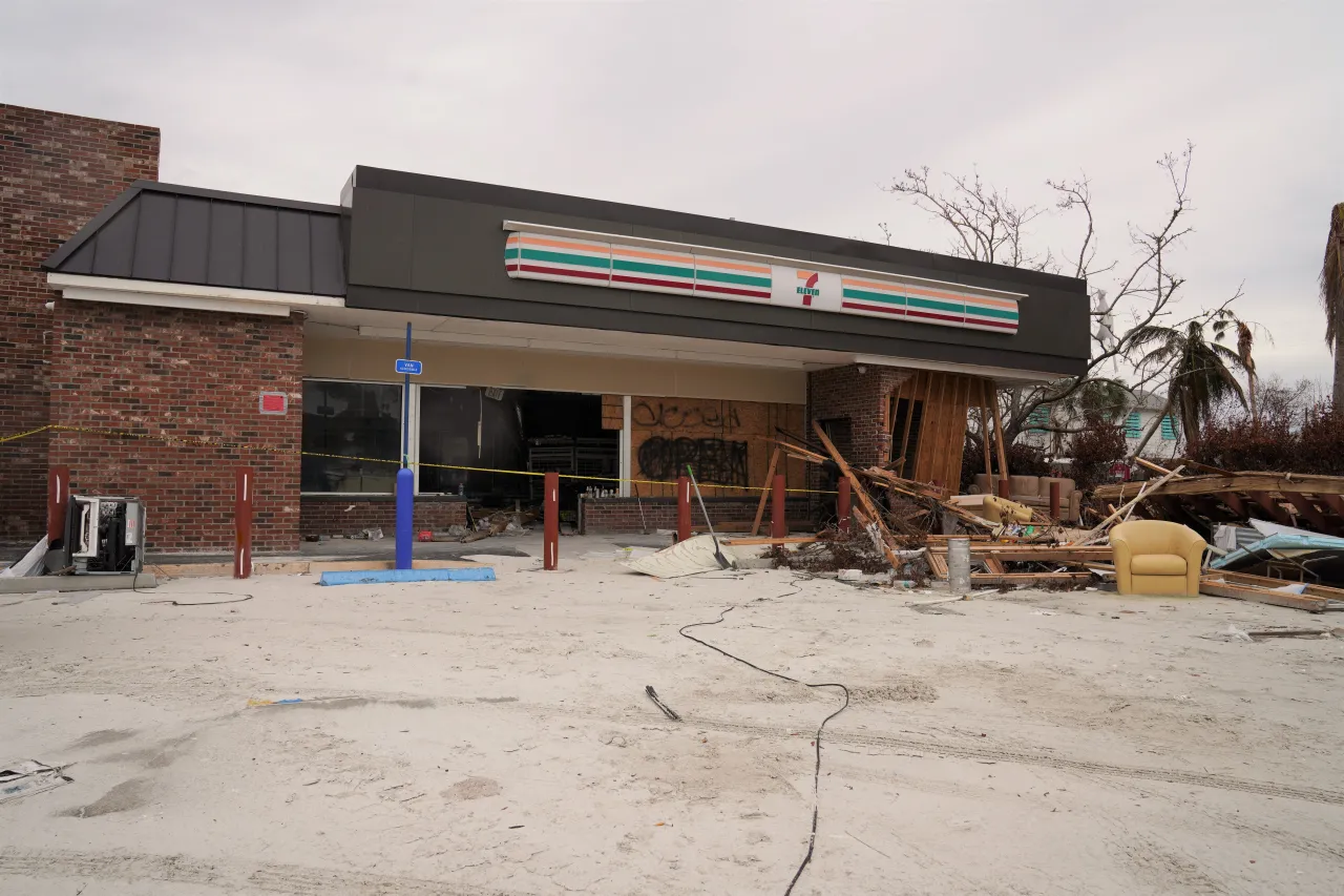 Image: A 7-Eleven in Fort Myers Beach damaged by Hurricane Ian.