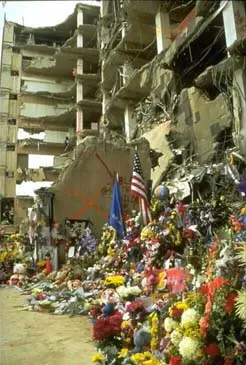 Image: Oklahoma City Bombing - The Children's flower memorial at the foot of the Murrah Building