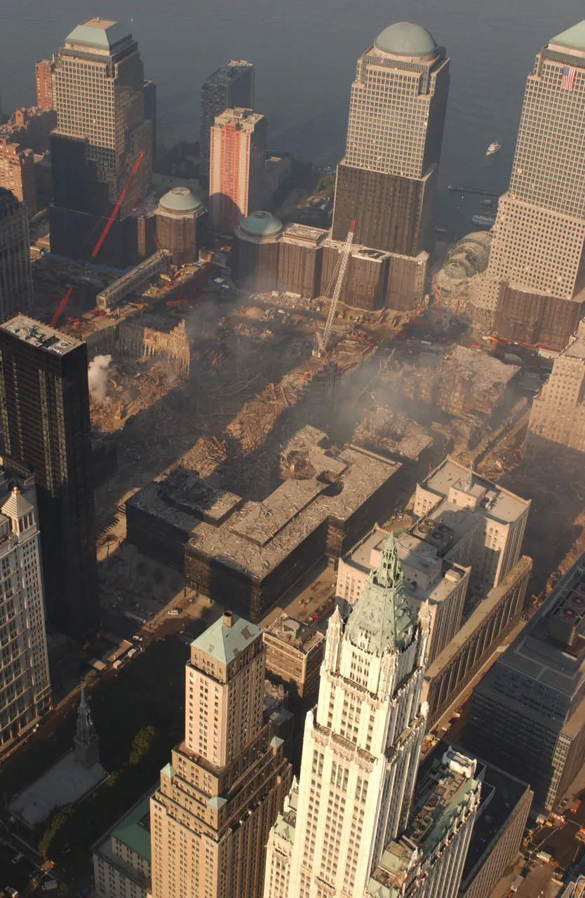 Image: 9/11 - An aerial view of recovery operations in lower Manhattan