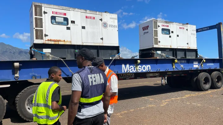 Image: The First of 32 Generators Arrive at the FEMA Staging Area in Maui