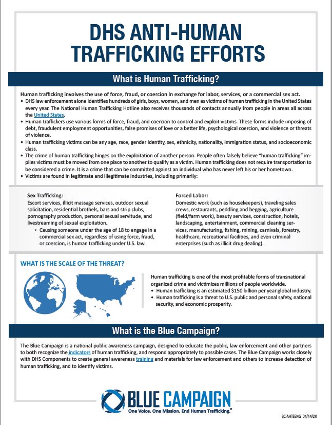 Blue Campaign & DHS Anti-Human Trafficking Efforts Information Sheet ...