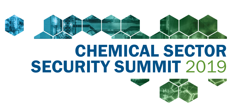 Banner image with text that reads the Chemical Sector Security Summit 2019 surrounded by blue and green hexagons.