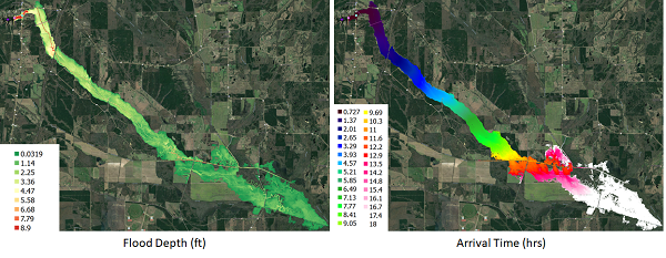 Dam-break flood maps for Mantee Lake Dam in Mississippi computed using DSS-WISE™ Lite.
