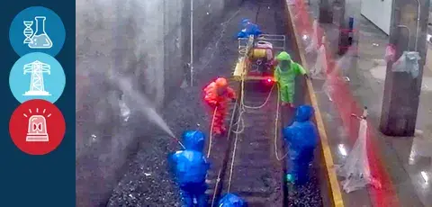 People in hazmat suit decontaminating an underground subway station.