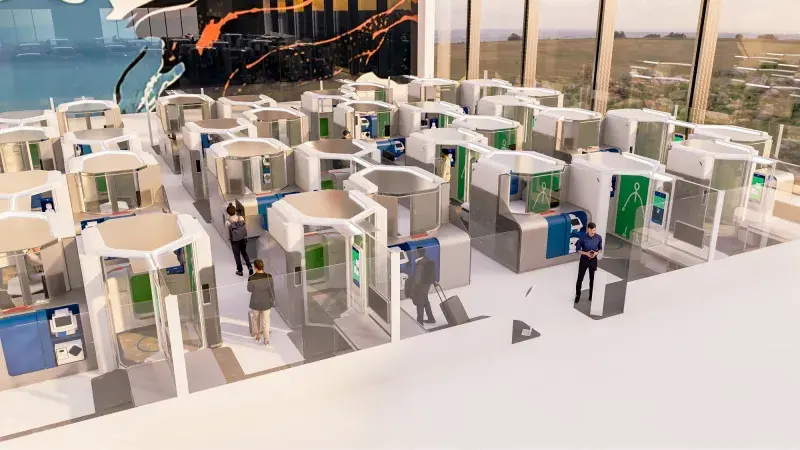 Overhead view of four rows of pod-based screening systems in a futuristic airport concept that shows passengers screening themselves and exiting to head to their flights.
