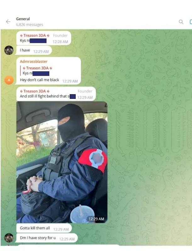 Group chat with Espinosa and censored photo of an individual wearing an armband emblazoned with the Nazi Hakenkreuz.