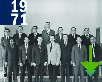 1971. Two rows of men standing in a room at the Foreign Animal Disease Diagnostician training school, class of 1971.