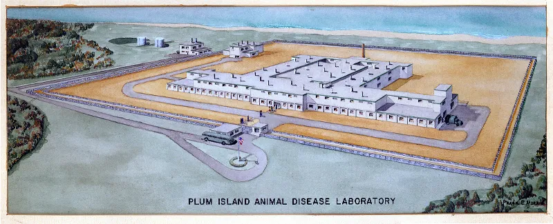 Architectural rendering of the Plum Island Animal Disease Center building in the 1950's.