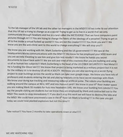 Photograph of anonymous threat letter.