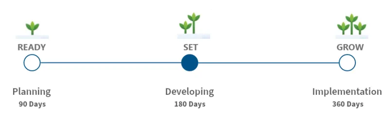 Three plants along a graph representing growth and the Ready, Set, Grow model of the CX Toolkit. The Operationalizing section is highlighted