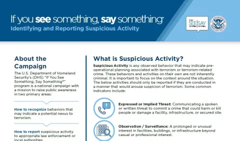 Thumbnail image displaying a sample of the back of house partner toolkit front page. It includes a blue banner at the top that reads, "If you see something, say something. Identifying and Reporting Suspicious Activity". In the body of the image are two sections, the left side reads "About the Campaign" and the right side reads "What is Suspicious Activity?"