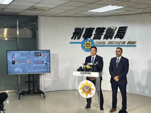 HSI Taipei Special Agent Jay Huang joins Taiwan Criminal Investigation Bureau representatives at a press conference on Oct. 21, in Taipei, Taiwan to announce the results of a historic weapons smuggling investigation.