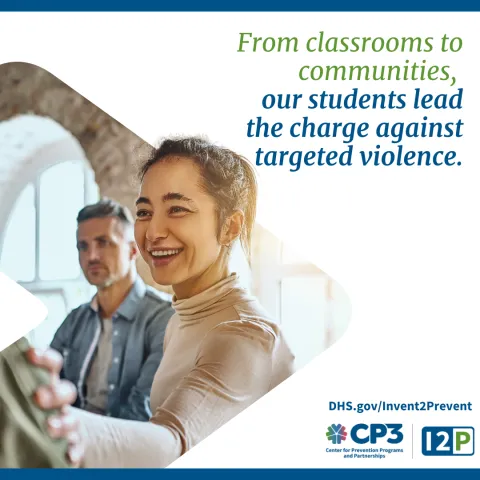 Graphic with the text, "From classrooms to communities, our students lead the charge against targeted violence."