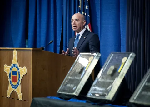 Homeland Security Secretary Alejandro Mayorkas recognizes the fallen members of the Unites States Secret Service during Wall of Honor Ceremony at the Secret Service Headquarters in Washington D.C.