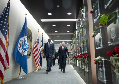 Homeland Security Secretary Alejandro Mayorkas is joined by Acting ICE Director Tae Johnson to observe the Wall of Valor just before a Police Week Ceremony at the Immigration and Customs Enforcement Headquarters in Washington, D.C.