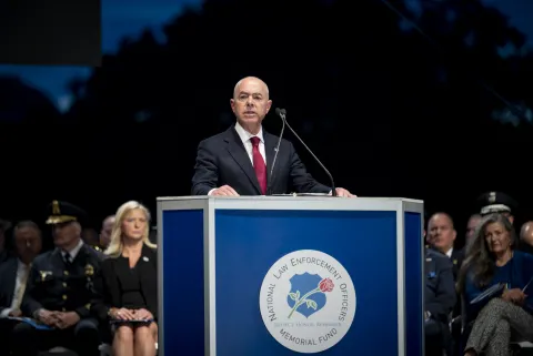 Homeland Security Secretary Alejandro Mayorkas and Deputy Secretary John Tien participate in the National Law Enforcement Officers Memorial Fund 34th Annual Candlelight Vigil on the National Mall in Washington, D.C.