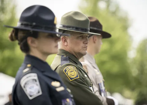Customs and Border Protection Officers participate in the National Peace Officers Memorial Service in front of the U.S. Capitol building in Washington, D.C.