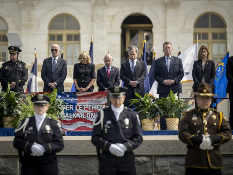 (Left to right) FOP National Secretary Det. Jimmy Holderfield, President Biden, First Lady Dr. Jill Biden, Secretary Mayorkas, FBI Director Wray, and U.S. Secret Service Director Murray, DEA Administrator Anne Milgram honor our Nation’s fallen law enforcement officers at the annual Fraternal Order of Police National Police Officers’ Memorial Service at the U.S. Capitol in Washington, DC.