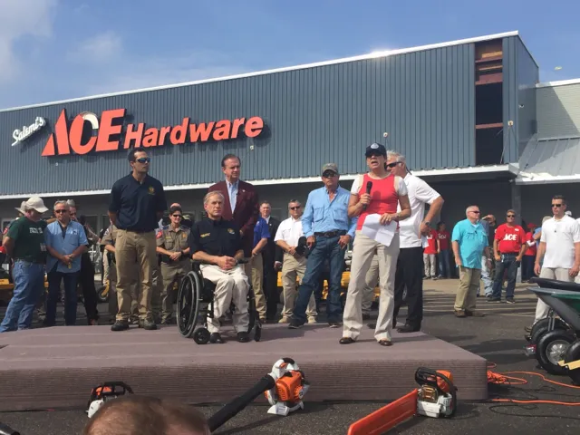 Acting Secretary Duke addresses Hurricane Harvey survivors with Texas Governor Greg Abbott, Rockport Mayor Charles J. Wax, country music legend George Strait and local officials.”