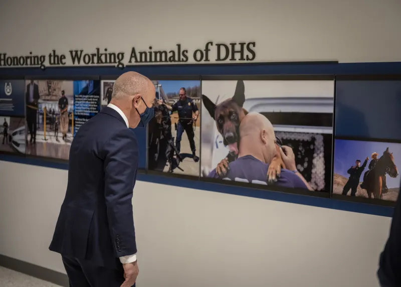 Washington, DC (May 12, 2021) Homeland Security Secretary Alejandro Mayorkas unveils a memorial wall dedicated to DHS canine and equine service animals. (DHS Photo by Zachary Hupp) 