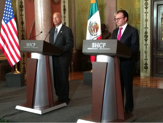 Secretary of Homeland Security Jeh Johnson and Mexican Secretary of Finance and Public Credit Luis Videgaray Caso deliver remarks prior to signing a memorandum of understanding formalizing the U.S.-Mexico Cargo Pre-Inspection Program.