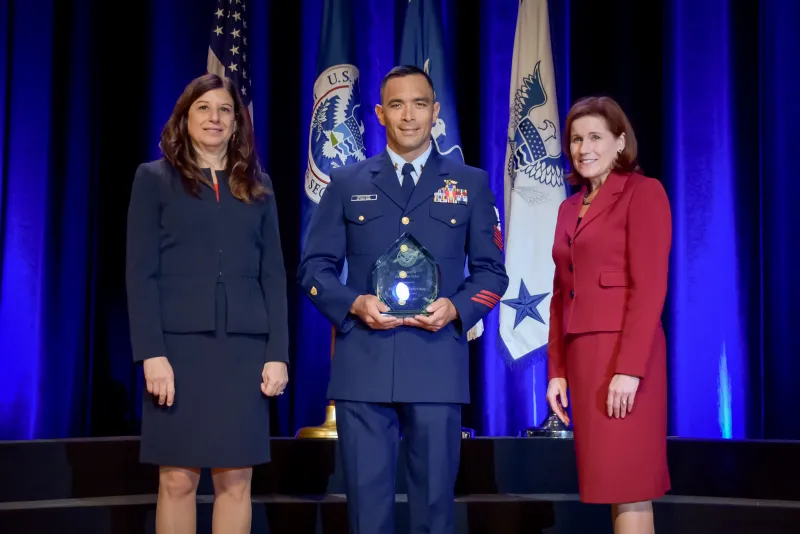 Petty Officer 1st Class Mario Estevane, U.S. Coast Guard, receives the the Secretary's Award for Valor at the Department of Homeland Security Secretary's Awards Ceremony in Washington, D.C., Nov. 8, 2017. Estevane was honored for saving the life of an rock climber who sustained life-threatening injuries when he fell more than 50 feet from a cliff. Official DHS photo by Jetta Disco.