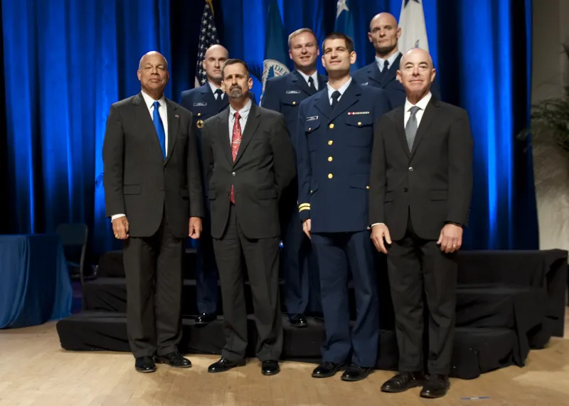 Secretary of Homeland Security Jeh Johnson and Deputy Secretary of Homeland Security Alejandro Mayorkas presented the Secretary's Unity of Effort Award to the U.S. Coast Guard Vital Archer Marble Challenge Capstone