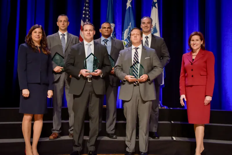 The U.S. Secret Service Presidential Protection Division, Peru Expedition Team receive the the Secretary's Award for Valor at the Department of Homeland Security Secretary's Awards Ceremony in Washington, D.C., Nov. 8, 2017. The team was honored for conducting a medical evacuation, while in Peru, of an officer bitten by a venomous snake, while continuing to provide security to their protectee. Official DHS photo by Jetta Disco.