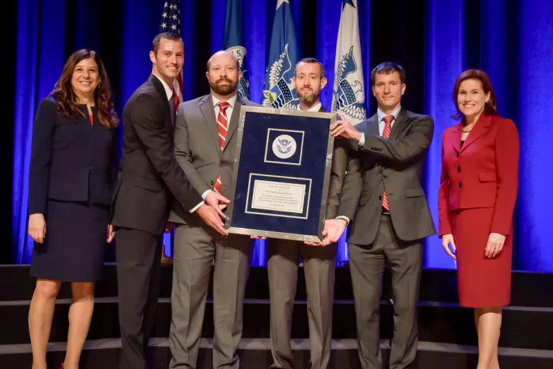 Transportation Security Administration Systems Integration Facility Test Program Team receive the the Secretary's Unit Award at the Department of Homeland Security Secretary's Awards Ceremony in Washington, D.C., Nov. 8, 2017. The Team was honored for outstanding team effort to enhance national security through system automation testing piloting of emerging aviation technologies. Official DHS photo by Jetta Disco.