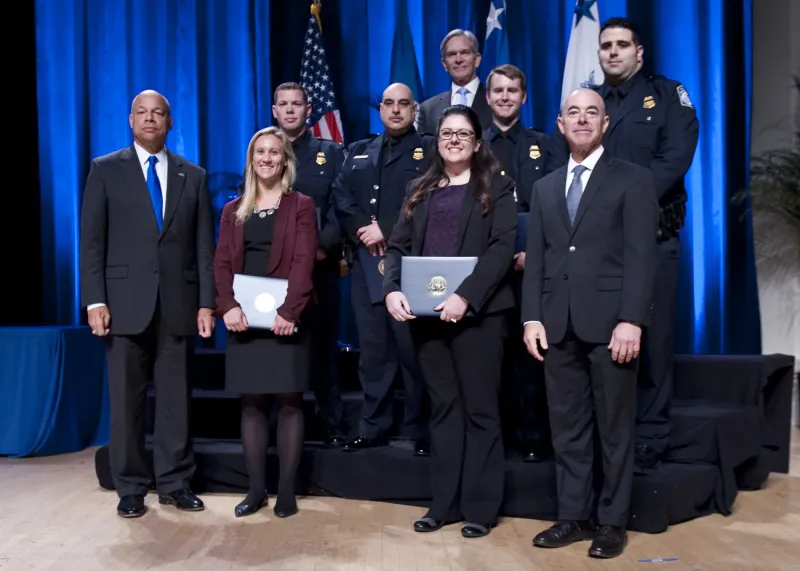 Secretary of Homeland Security Jeh Johnson and Deputy Secretary of Homeland Security Alejandro Mayorkas presented the Secretary's Unity of Effort Award to the Office of Intelligence and Analysis and U.S. Customs and Border Protection's Online Document Information Network