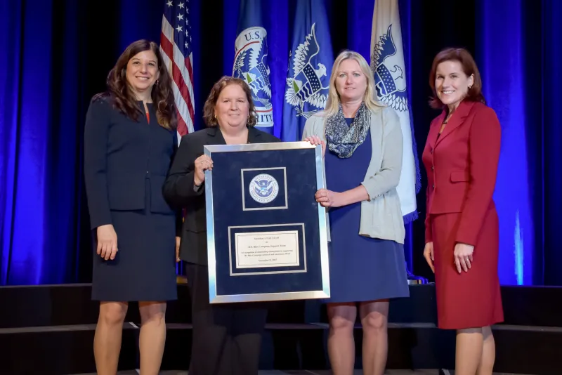 U.S. Citizenship and Immigration Services Blue Campaign Support Team receive the the Secretary's Unit Award at the Department of Homeland Security Secretary's Awards Ceremony in Washington, D.C., Nov. 8, 2017. The team was honored for establishing an efficient method to store and distribute outreach and awareness materials that educate law enforcement officials and the public about how to recognize and stop human trafficking. Official DHS photo by Jetta Disco.