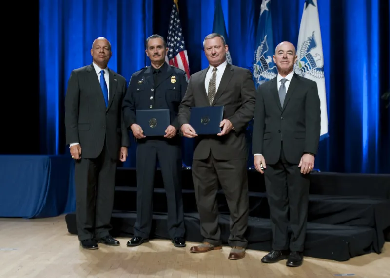 Secretary of Homeland Security Jeh Johnson and Deputy Secretary of Homeland Security Alejandro Mayorkas presented the Secretary's Unity of Effort Award to the Transportation Security Administration and U.S. Customs and Border Protection Common Operating Picture Team