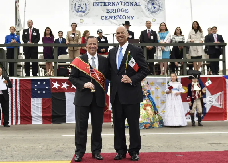 Secretary Jeh Johnson and Jose Antonio Meade, the Mexican Secretary for Social Development, at the International Bridge Ceremony