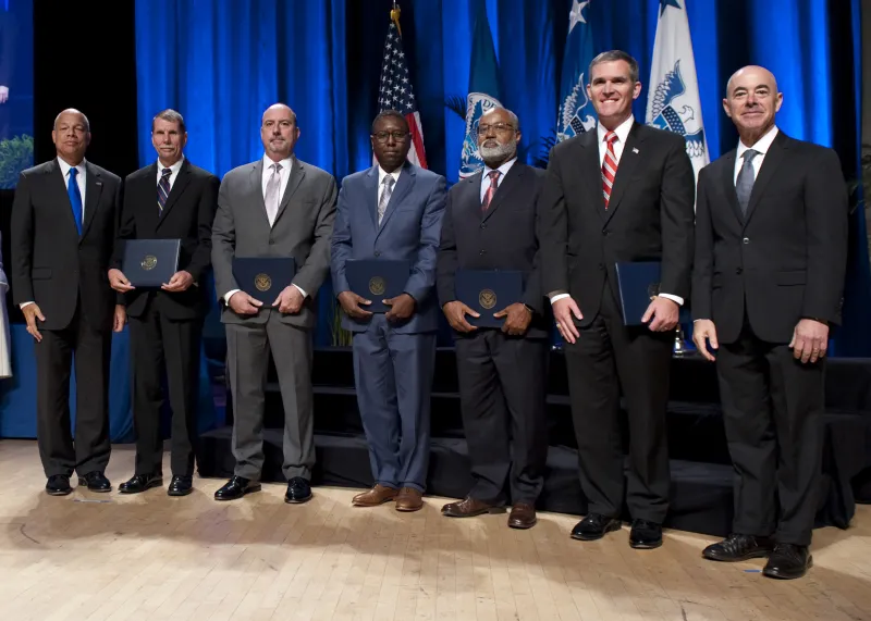 Secretary of Homeland Security Jeh Johnson and Deputy Secretary of Homeland Security Alejandro Mayorkas presented the Secretary's Unit Award to Science and Technology Directorate Office of Test and Evaluation
