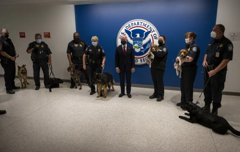 Washington, DC (May 12, 2021) Homeland Security Secretary Alejandro Mayorkas unveils a memorial wall dedicated to DHS canine and equine service animals. (DHS Photo by Zachary Hupp) 