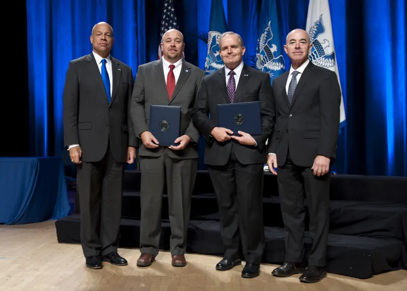 Secretary of Homeland Security Jeh Johnson and Deputy Secretary of Homeland Security Alejandro Mayorkas presented the Secretary's Unit Award to Transportation and Security Administration's Office of Intelligence and Analysis Field Intelligence Team