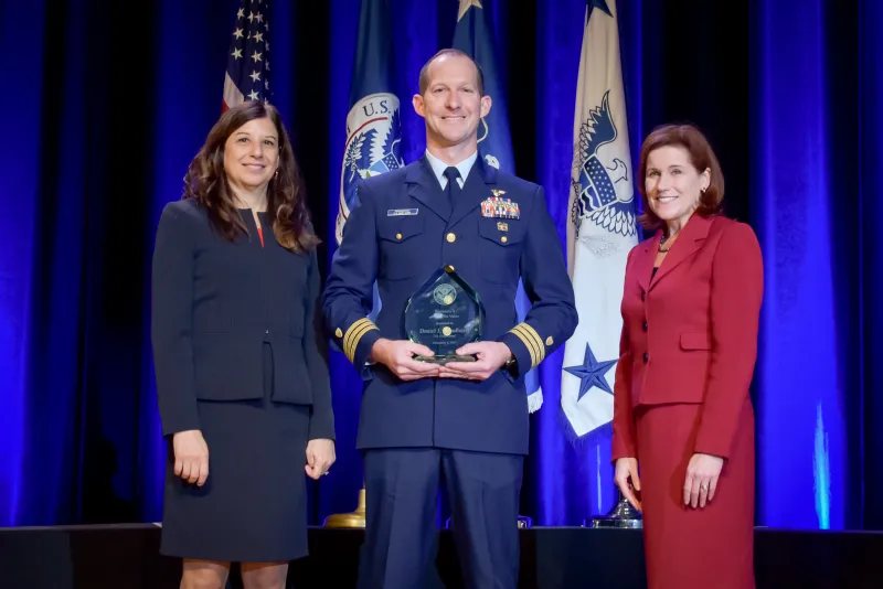 Cmdr. Daniel Broadhurst, U.S. Coast Guard, receives the the Secretary's Award for Valor at the Department of Homeland Security Secretary's Awards Ceremony in Washington, D.C., Nov. 8, 2017. Broadhurst was honored for responding to a vehicle collision where he coordinated medical emergency response resulting in saving two lives and assisting 13 others. Official DHS photo by Jetta Disco.