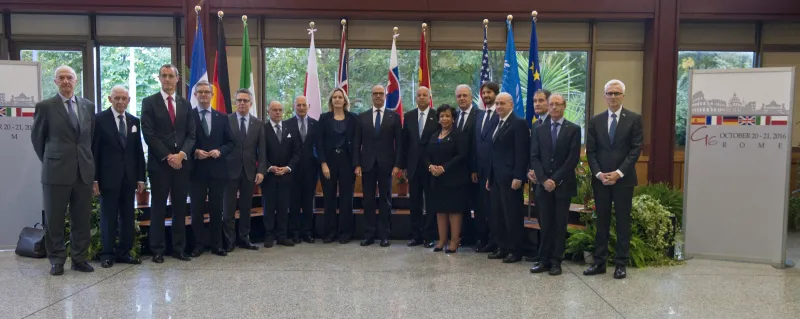 Secretary Johnson and U.S. Attorney General Loretta Lynch stand with other attendees of the G6 Meeting of Interior Ministers.