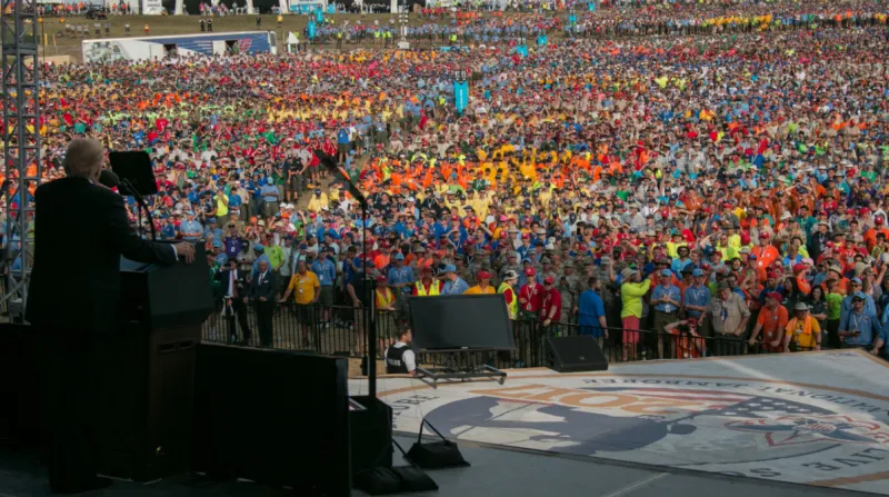  President Donald J. Trump addresses a crowd at the Boy Scouts of America’s 2017 National Scout Jamboree near Glen Jean, WV, July 24, 2017. He is the eighth president to attend the event. (Photo by U.S. Army Spc. Dustin D. Biven / 22nd Mobile Public Affairs Detachment) 