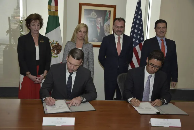 U.S. Customs and Border Protection Commissioner Kevin McAleenan and Chief of Mexico Tax Administration Service Osvaldo Santin signed a Memorandum of Understanding on Cargo Pre-Inspection Program and Unified Cargo Processing, in Mexico City, Mexico, March 26, 2018.